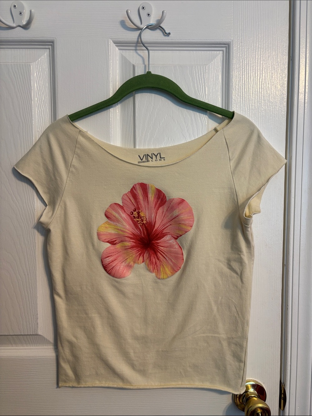 Yellow Women's Floral Graphic Tee with Pink Hibiscus